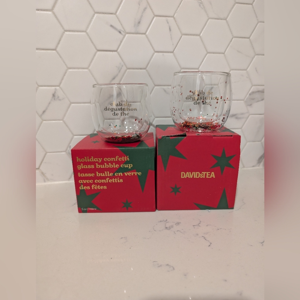 NEW David’s Tea Holiday Confetti Glass Bubble cup set lot of 2 gift bundle